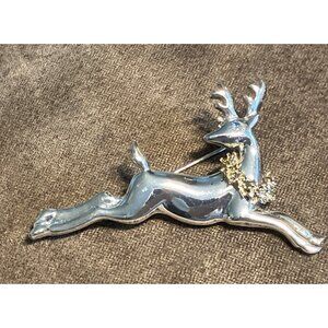 Silver-Tone Reindeer Brooch With Gold-Tone Wreath By Villager